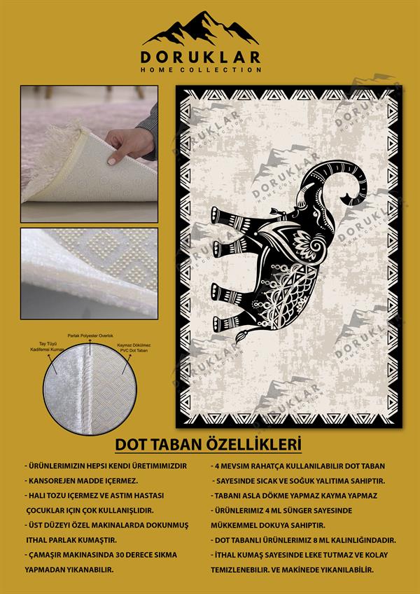 Kaymaz Taban Yıkanabilir Dijital Baskı Minimal Fil Desenli Dot Taban Halı