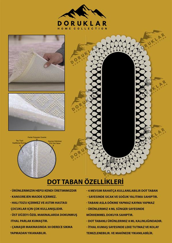 Kaymaz Taban Yıkanabilir Dijital Baskı Lazer Kesimli Siyah Damlacık Desenli Dot Taban Halı