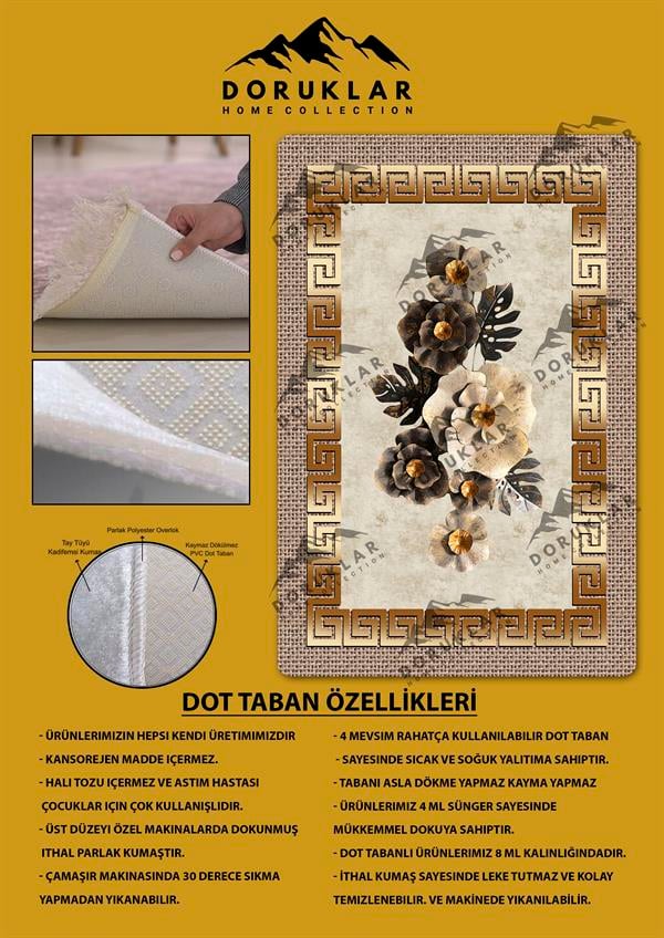 Kaymaz Taban Yıkanabilir Dijital Baskı Ortası Çiçek Desenli Halı