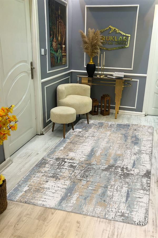 Kaymaz Taban Yıkanabilir Dijital Baskı Mavi Bej Eskitme Desenli Halı