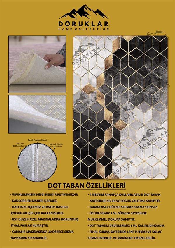Kaymaz Taban Yıkanabilir Dijital Baskı Gri Siyah Küp Desenli Halı