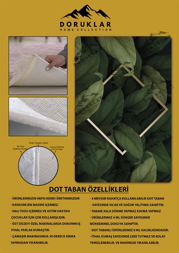 Kaymaz Taban Yıkanabilir Dijital Baskı Tropikal Yaprak Desenli Halı