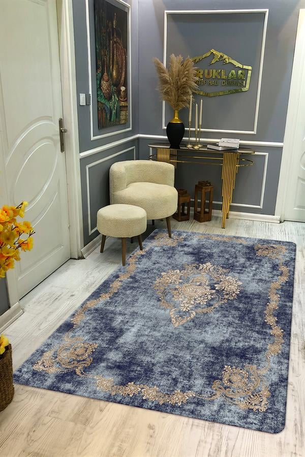Kaymaz Taban Yıkanabilir Dijital Baskı Eskitme Desenli Salon Halısı