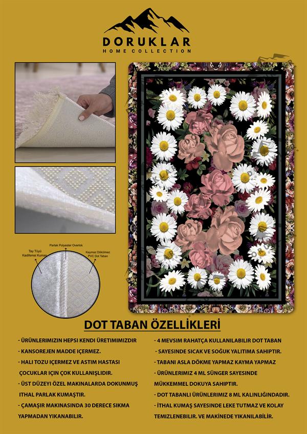 Kaymaz Taban Yıkanabilir Dijital Baskı Papatya Çiçek Desenli Halı