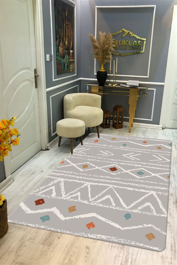 Kaymaz Taban Yıkanabilir Dijital Baskı Etknik Modern Desenli Halı