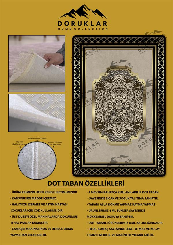 Kaymaz Taban Yıkanabilir Dijital Baskı Çerçeveli Gold Çizgili Halı
