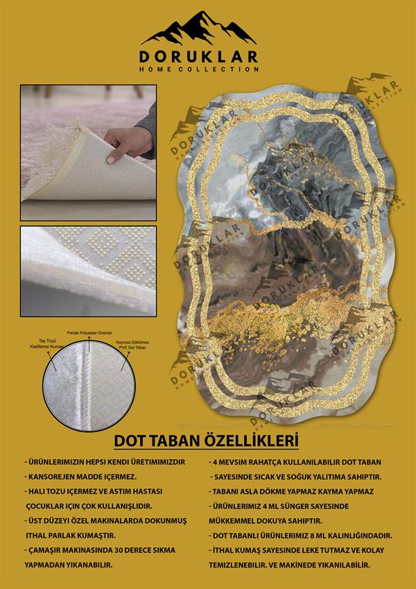 Kaymaz Taban Yıkanabilir Dijital Baskı Lazer Kesimli Simli Mermer Desenli Dot Taban Halı