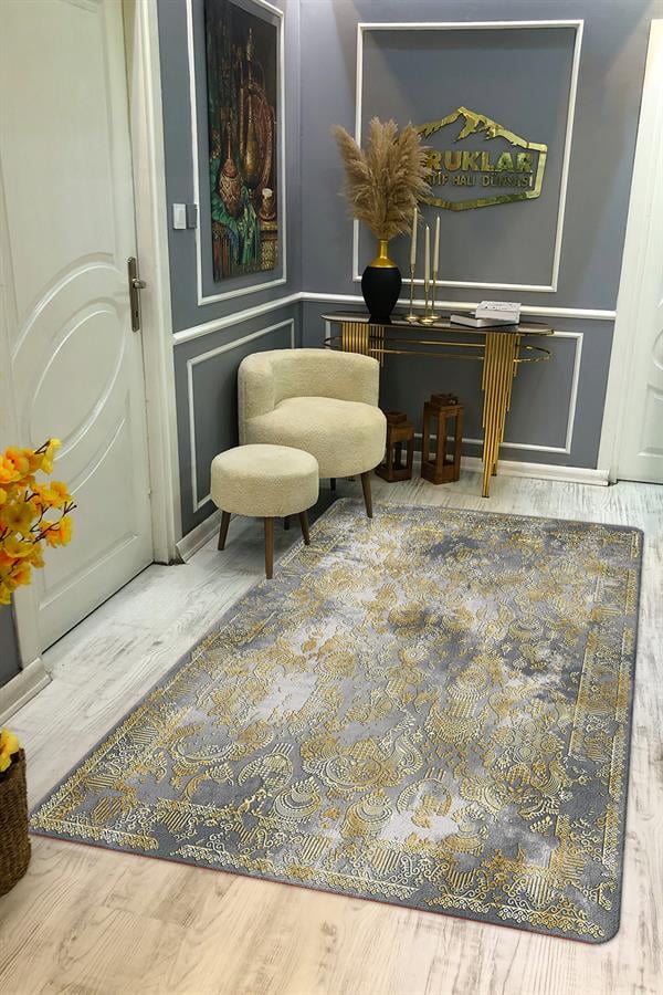 Kaymaz Taban Yıkanabilir Dijital Baskı Eskitme Desenli Salon Halısı