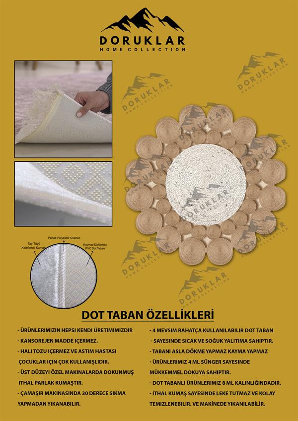 Kaymaz Taban Yıkanabilir Dijital Baskı Lazer Kesim Jüt Görünüm Hasır Desenli Dot Taban Halı