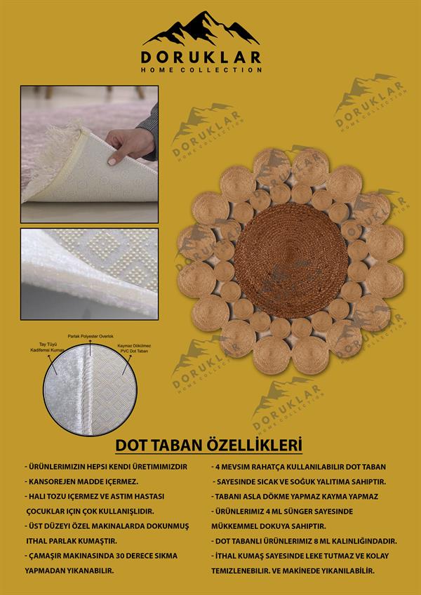 Kaymaz Taban Yıkanabilir Dijital Baskı Lazer Kesim Jüt Görünüm Hasır Desenli Dot Taban Halı
