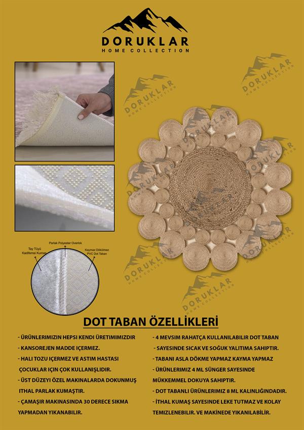 Kaymaz Taban Yıkanabilir Dijital Baskı Lazer Kesim Jüt Görünüm Hasır Desenli Dot Taban Halı