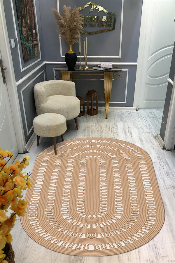Kaymaz Taban Yıkanabilir Dijital Baskı Oval Kesim Dekoratif Modern Desenli Dot Taban Halı OVAL020