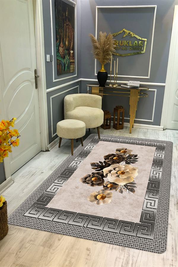 Kaymaz Taban Yıkanabilir Dijital Baskı Ortası Çiçek Desenli Halı