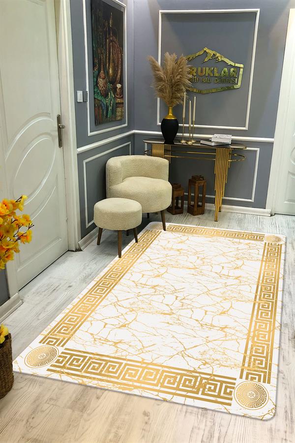 Kaymaz Taban Yıkanabilir Dijital Baskı Gold Mermer Çerçeve Desenli Halı