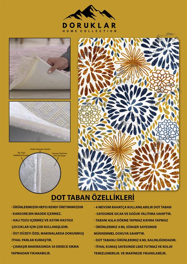 Kaymaz Taban Yıkanabilir Dijital Baskı Dekoratif Modern Desenli Dora Serisi Dot Taban Halı DR14