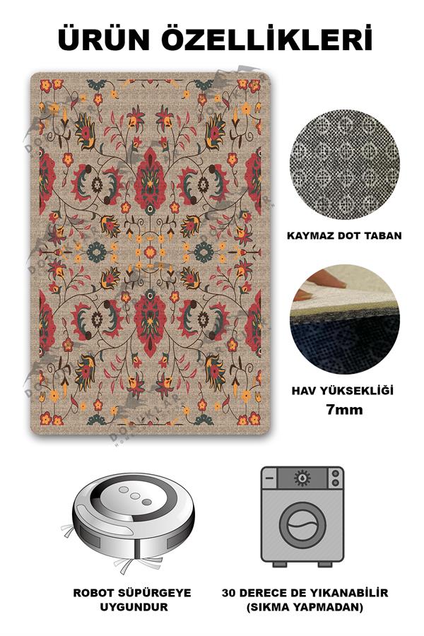 Kaymaz Taban Yıkanabilir Dijital Baskı Dekoratif Hasır Desenli Dot Taban Halı NH001