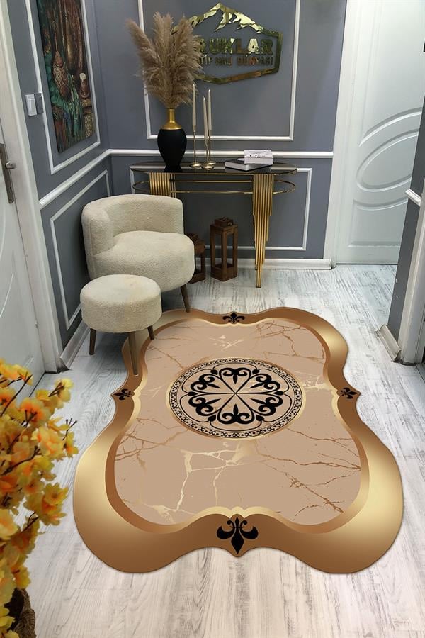 Kaymaz Taban Yıkanabilir Dijital Baskı Lazer Kesimli Gold Modern Desenli Dot Taban Halı