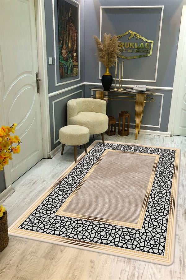Kaymaz Taban Yıkanabilir Dijital Baskı Çerçeveli Örüntü Desenli Halı
