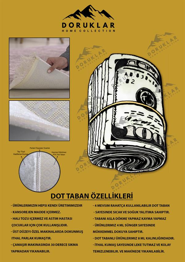 Kaymaz Taban Yıkanabilir Dijital Baskı Dolar Desenli Dot Taban Halı