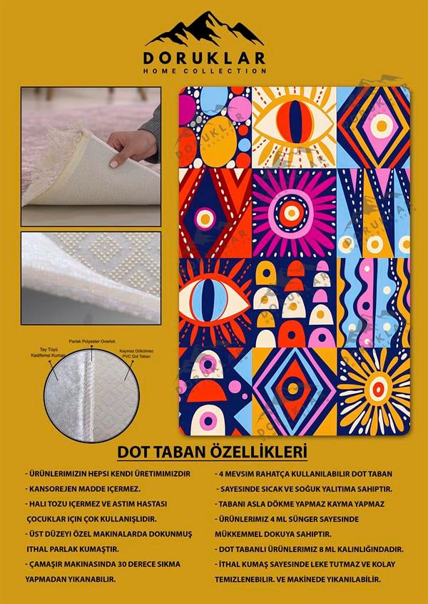 Kaymaz Taban Yıkanabilir Dijital Baskı Dekoratif Modern Desenli Dot Taban Halı Soft  Serisi SFT17