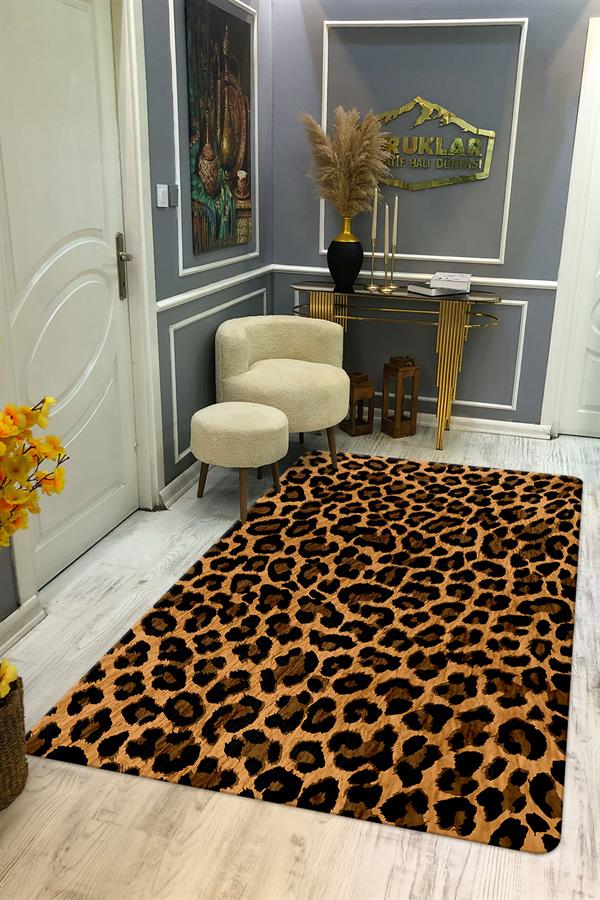 Kaymaz Taban Yıkanabilir Dijital Baskı Dekoratif Modern Desenli Dot Taban Halı Leopar Serisi LEO03