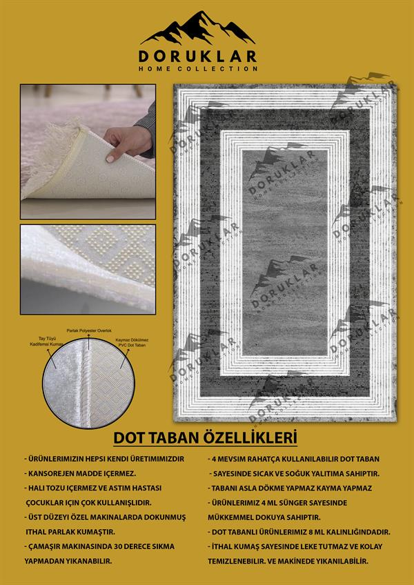 Kaymaz Taban Yıkanabilir Geometrik Çerçeveli Gri Vintage Desen Halı