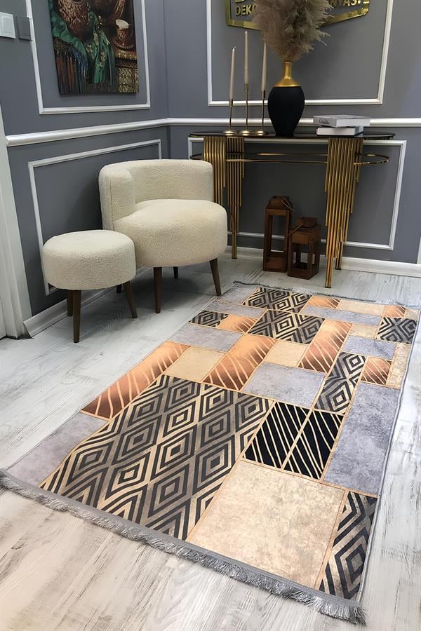 Kaymaz Taban Yıkanabilir Geometrik Gold Detayi Vintage Desen Halı