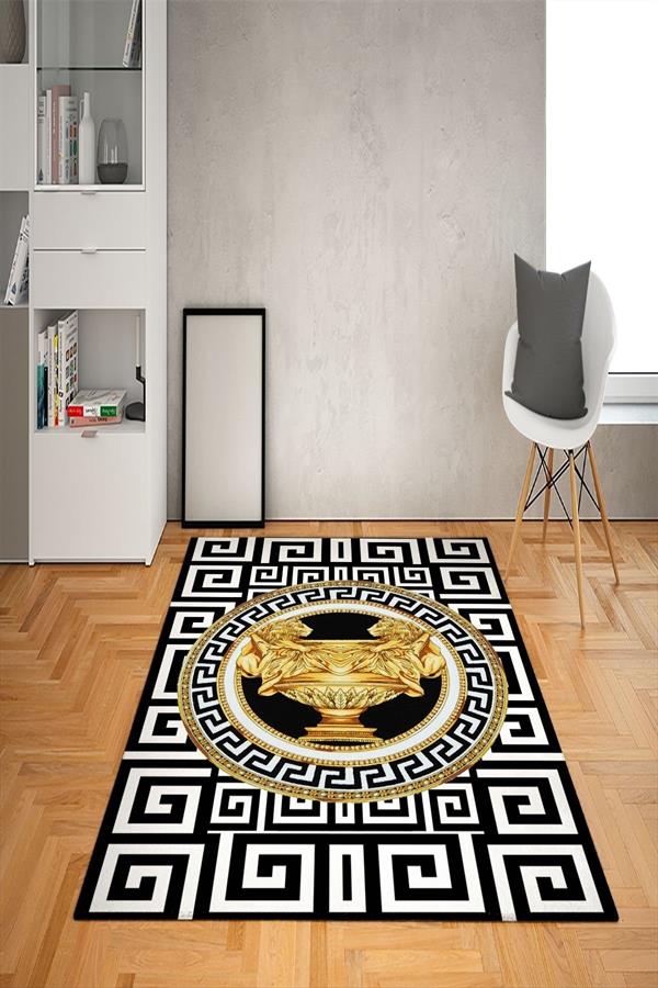 Kaymaz Taban Yıkanabilir Gold Aslan Kupa Medusa Desenli Dot Taban Halı