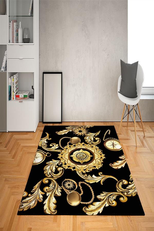 Kaymaz Taban Yıkanabilir Gold Baroque Pusula Desenli Dot Taban Halı