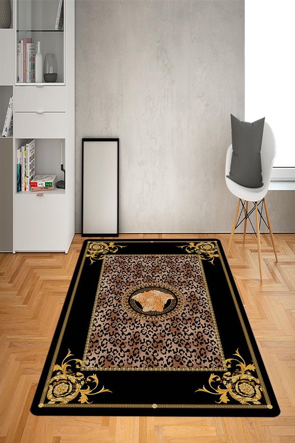 Kaymaz Taban Yıkanabilir Gold Baroque Leopar Medusa Desenli Dot Taban Halı