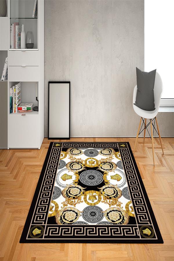 Kaymaz Taban Yıkanabilir Golden Baroque Kupa Aslan Medusa Desenli Dot Taban Halı