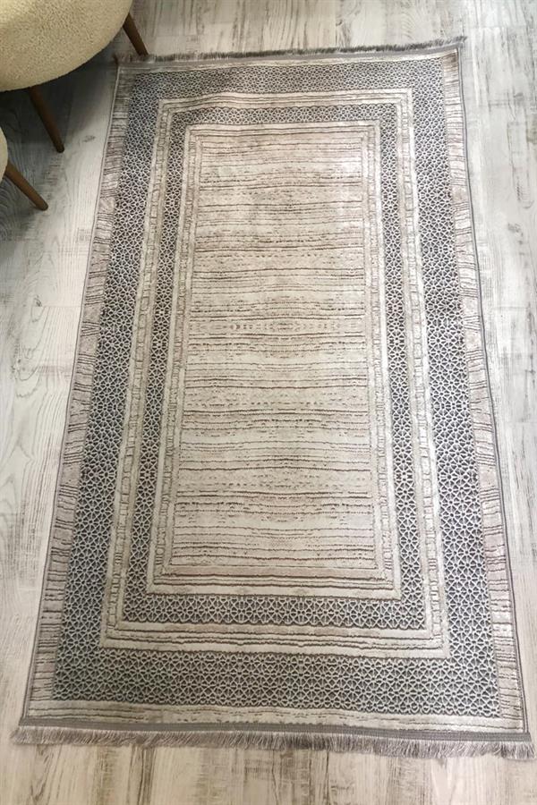 Kaymaz Taban Yıkanabilir Gri Çerçevelii Vintage Desen Halı