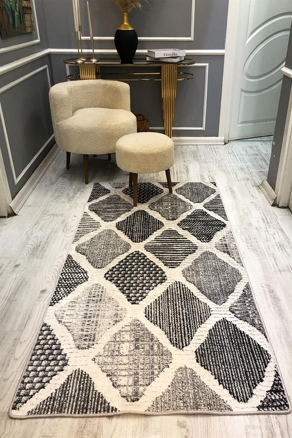 Kaymaz Taban Yıkanabilir Gri Geometrik Vintage Desen Halı