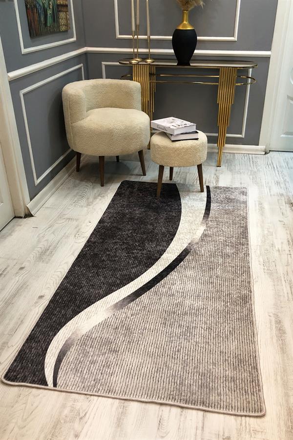 Kaymaz Taban Yıkanabilir Gri Modern Desen Vintage Halı