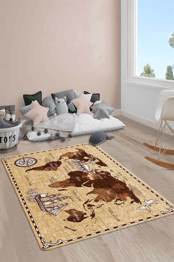 Kaymaz Taban Yıkanabilir Harita Desenli Çocuk Halısı