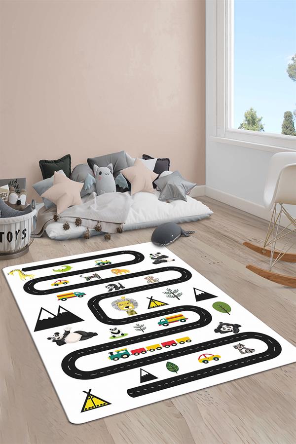 Kaymaz Taban Yıkanabilir Jungle Yol Seksek Desenli Çocuk Halısı