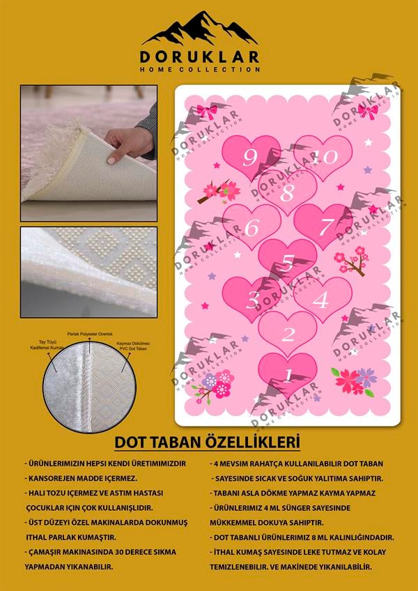 Kaymaz Taban Yıkanabilir Kalpli Seksek Desenli Çocuk Halısı