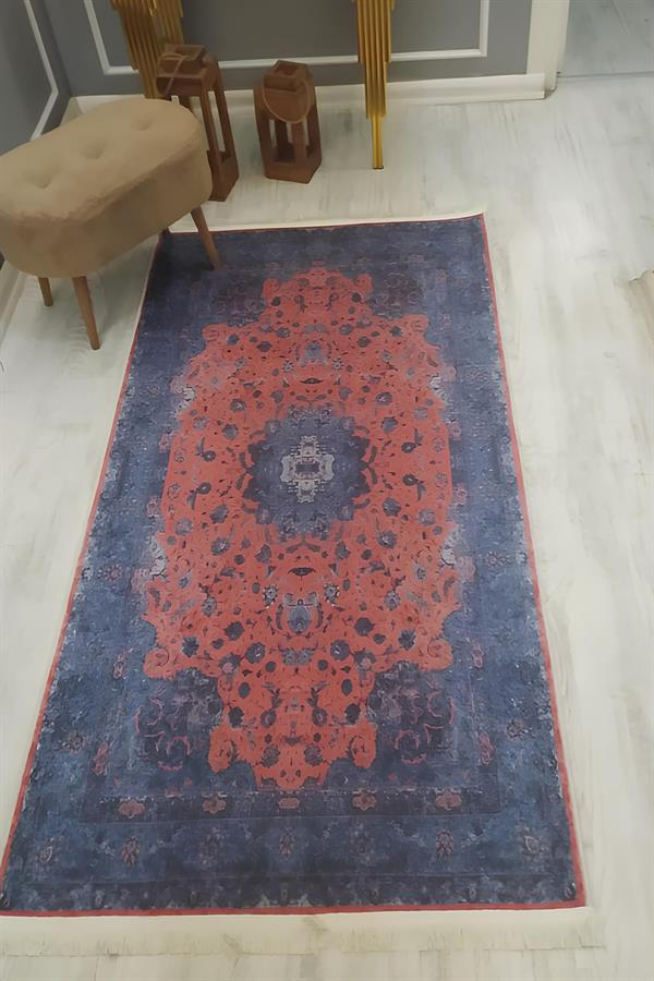 Kaymaz Taban Yıkanabilir Kırmızı Mavi Klasik Eskitme Desen Vintage Halı