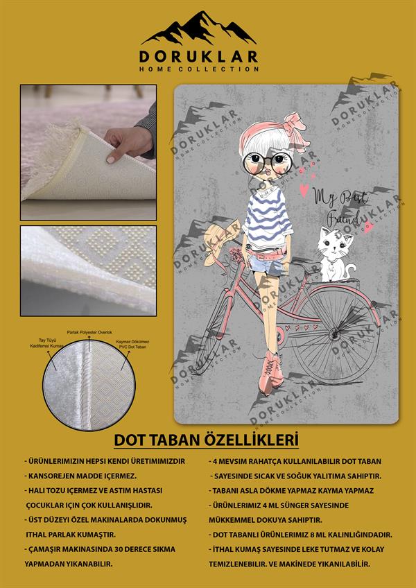 Kaymaz Taban Yıkanabilir Kız ve Kedi Desenli Çocuk Halısı