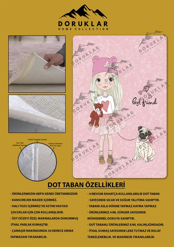 Kaymaz Taban Yıkanabilir Köpek ve Kız Desenli Çocuk Halısı