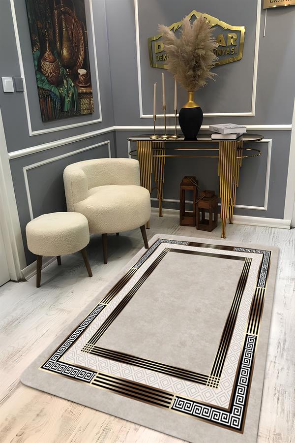 Kaymaz Taban Yıkanabilir Krem Gold Çerçeveli Vintage Desen Halı