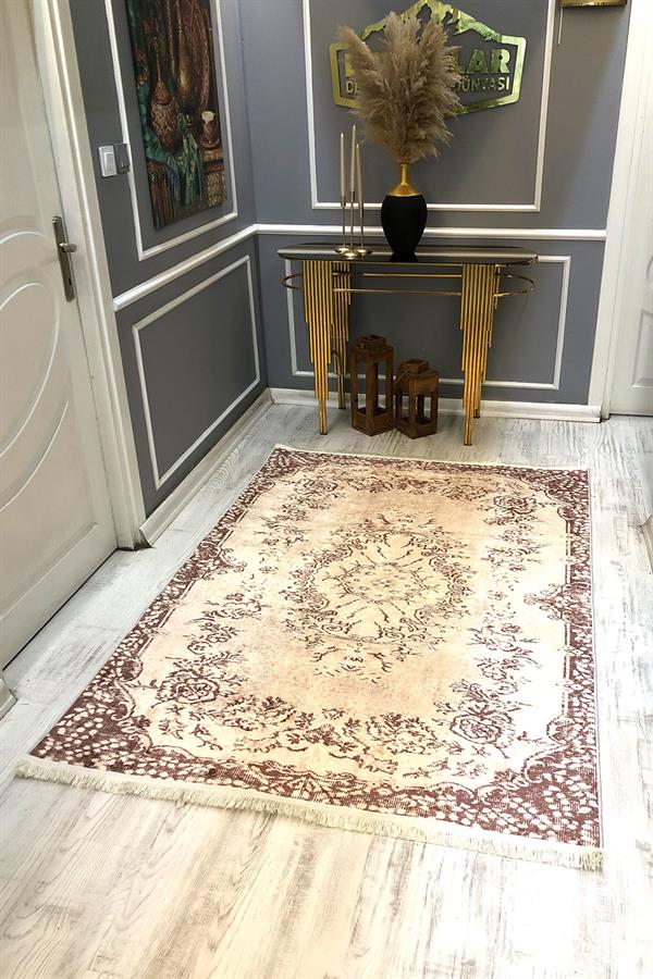 Kaymaz Taban Yıkanabilir Krem-Kahve Vintage Halı