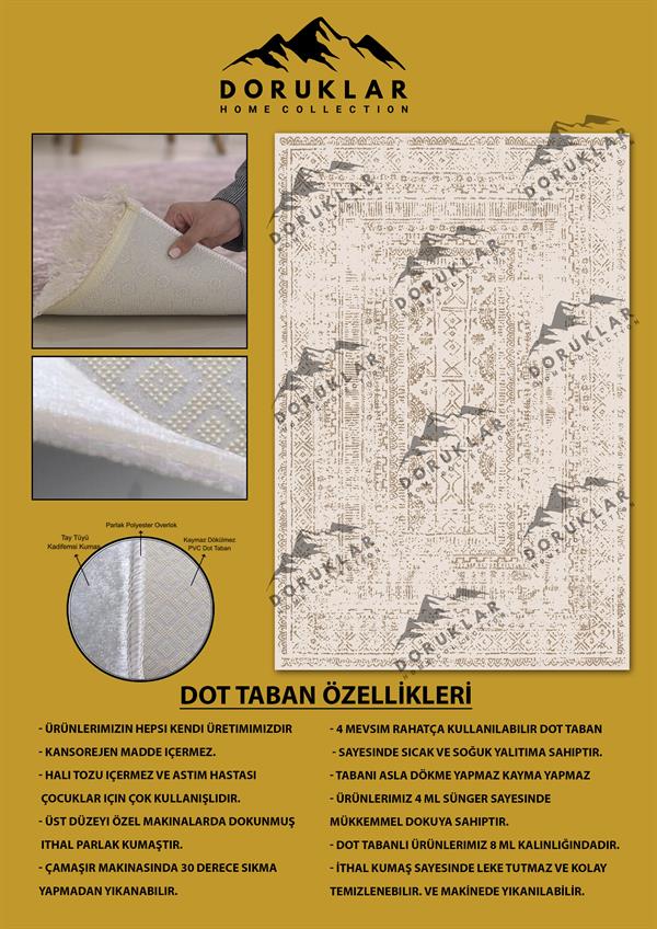 Kaymaz Taban Yıkanabilir Krem Renk Vintage Halı