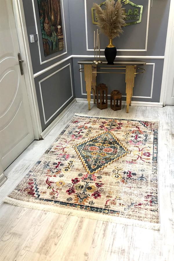 Kaymaz Taban Yıkanabilir Krem-Yeşil Vintage Halı