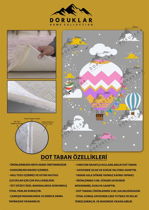 Kaymaz Taban Yıkanabilir Renkli Uçan Balon Desenli Çocuk Halısı