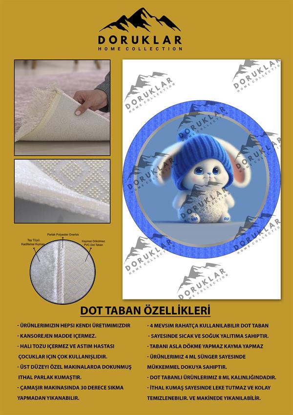 Kaymaz Taban Yıkanabilir Şapkalı Tavşan Desenli Yuvarlak Çocuk Halısı