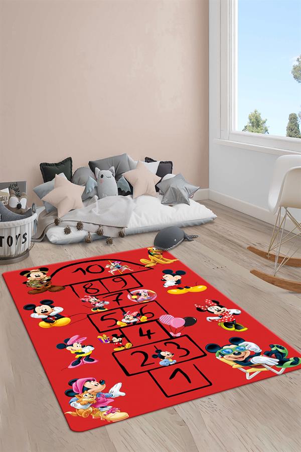 Kaymaz Taban Yıkanabilir Seksekli Mickey Desenli Çocuk Halısı