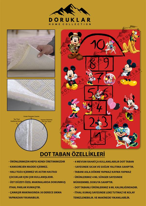 Kaymaz Taban Yıkanabilir Seksekli Mickey Desenli Çocuk Halısı