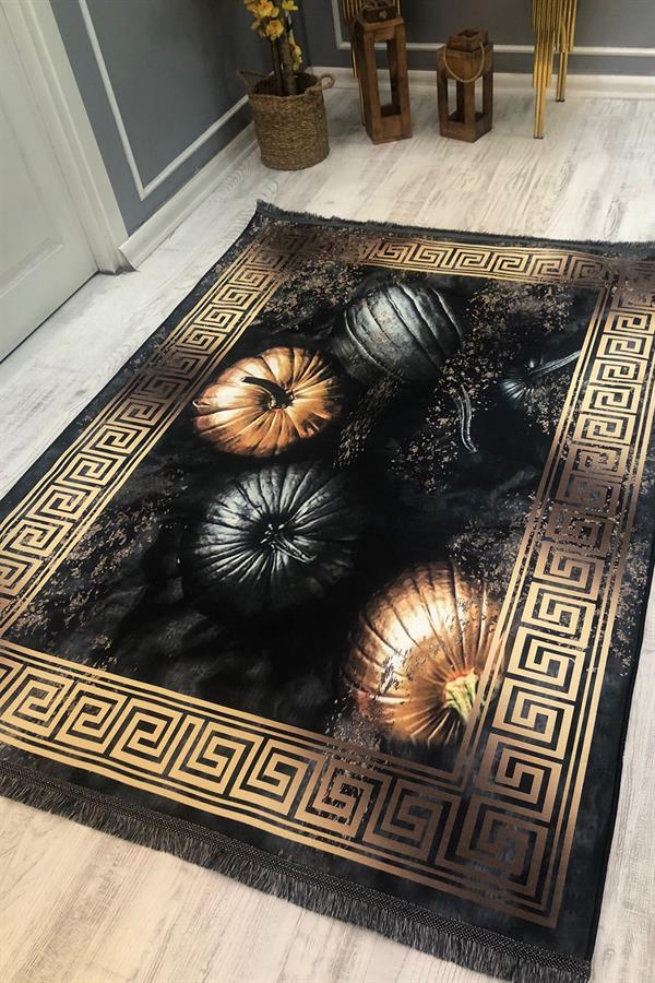 Kaymaz Taban Yıkanabilir Siyah Gold Bal Kabağı Desenli Vintage Halı