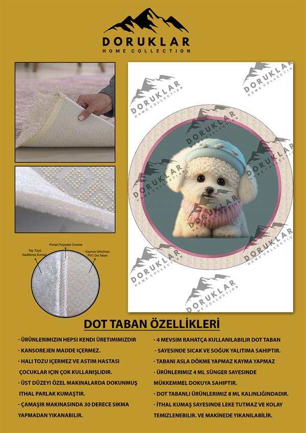Kaymaz Taban Yıkanabilir Tatlı Köpek Desenli Yuvarlak Çocuk Halısı